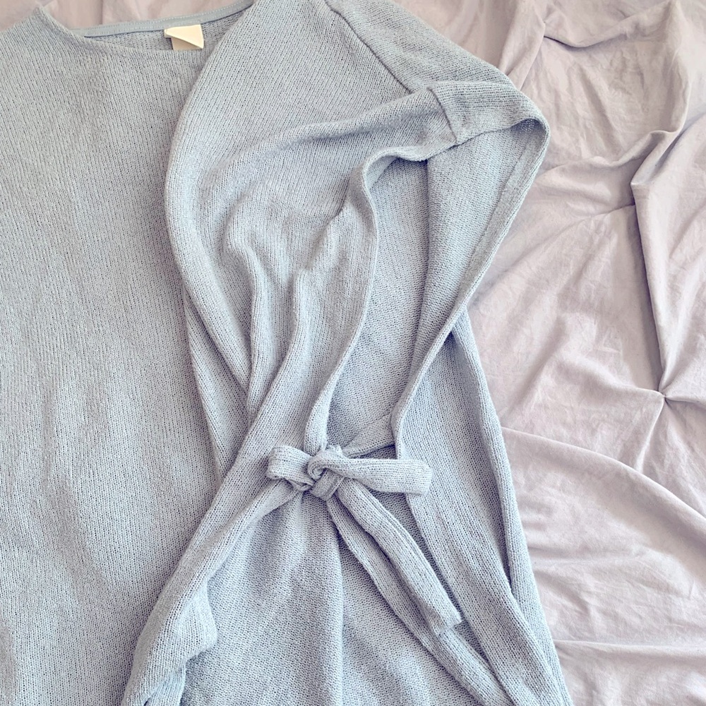H&M Dusty Light Blue Tunic Top Side Tie Knit Sleeveless Sweater